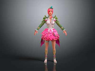 3D Character With Pink Hair In Floral Outfit Green Leaves And Petal Skirt 3d model