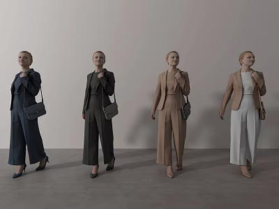 Four Women In Jumpsuits And Blazers Carrying Bags Standing Side By Side 3d model