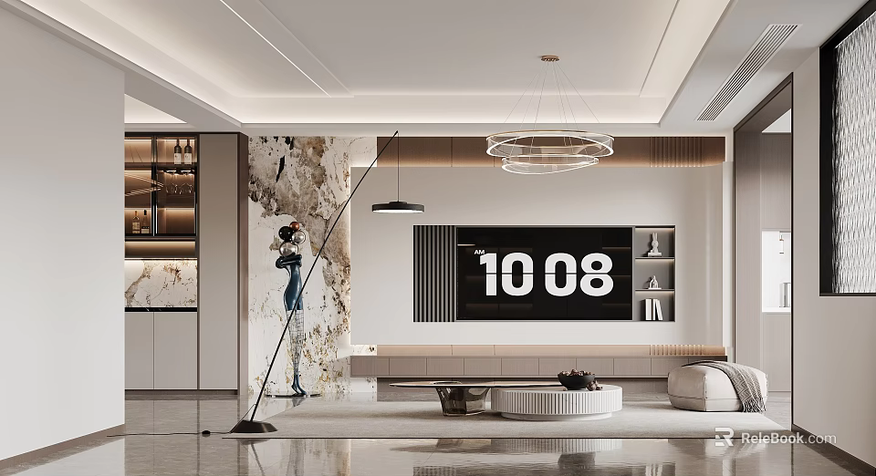 Modern Living Room Interior Design With Marble Wall TV Display Chandelier And Sofa 3d model 