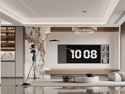 Modern Living Room Interior Design With Marble Wall TV Display Chandelier And Sofa 3d model