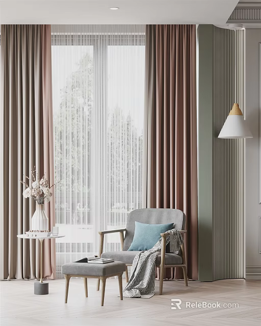 Brown Curtains with White Sheer by Window and Gray Chair Vase Pendant Light 3d model 