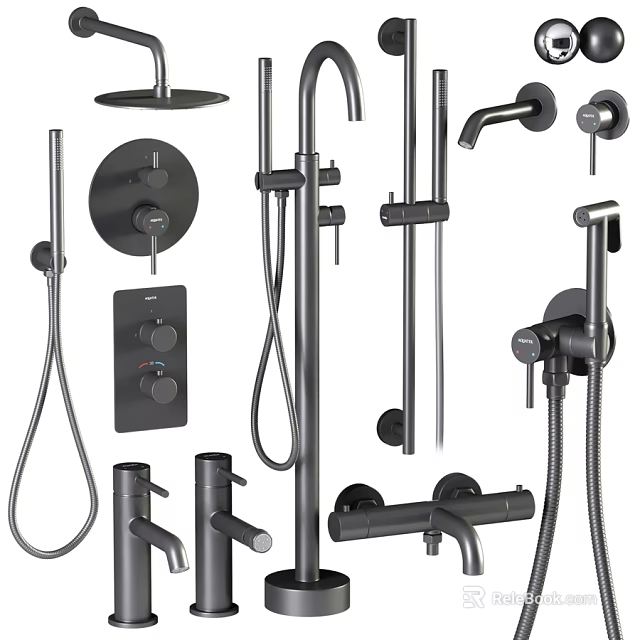 Modern Black Bathroom Faucets And Shower Heads With Control Panels 3d model 