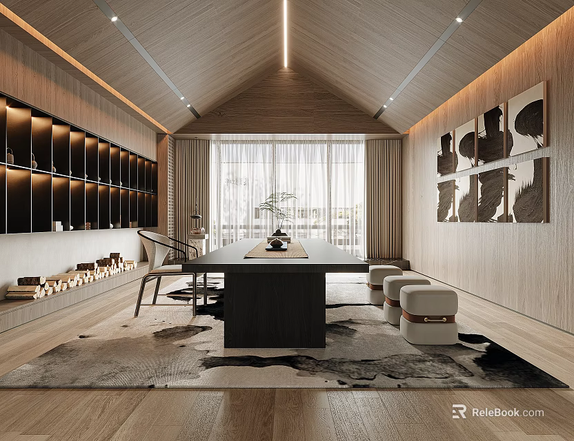 Minimalist Modern Tea Room Interior With Wooden Ceiling Long Table And Seating Stools 3d model 