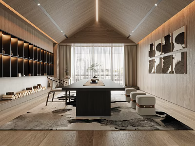 Minimalist Modern Tea Room Interior With Wooden Ceiling Long Table And Seating Stools 3d model