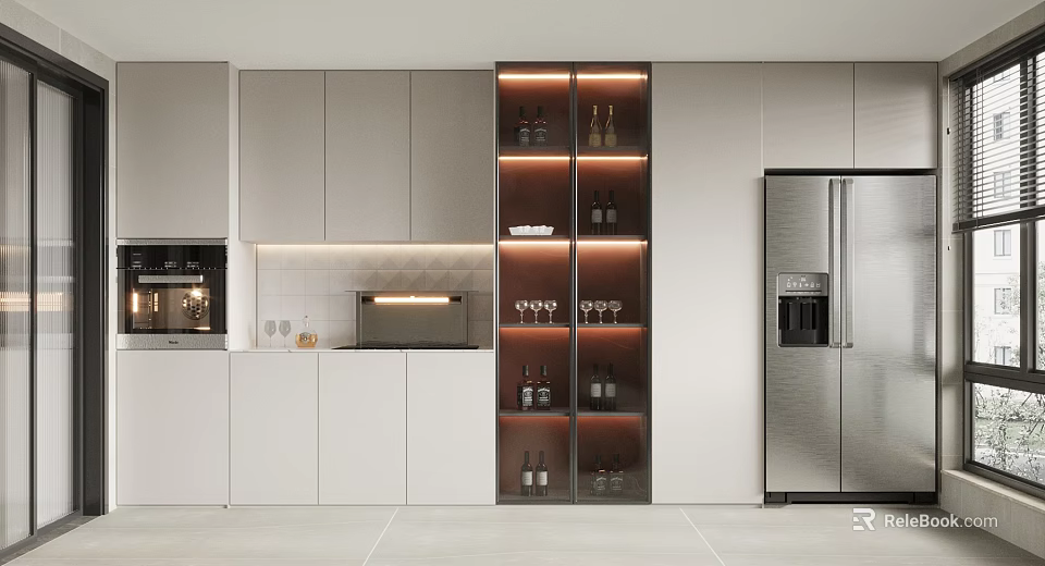 Sleek Modern Wine Cabinet In Kitchen With Glass Doors Wine Bottles And Lighting 3d model 