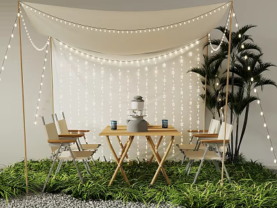 Cozy Outdoor Tent Setting With Wooden Table Chairs String Lights And Plants 3d model