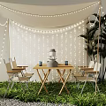 Cozy Outdoor Tent Setting With Wooden Table Chairs String Lights And Plants