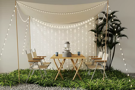 Camping Style Cafe Rest Area Camping Table and Chair Natural Camping Style Milk Tea Shop Green Plant Pile Outdoor Table and Chair Camping Light Camping Chair Landscape Setches 3d model