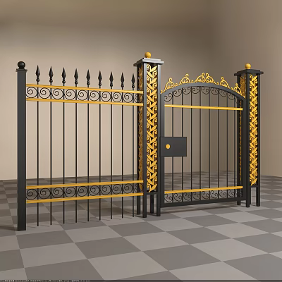 Ornate Wrought Iron Gate With Black Gold Finish Spiked Tops And Floral Patterns 3d model