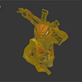 Action Figure With Orange Flame Helmet Smiling Face Yellow Red Vest And Guns