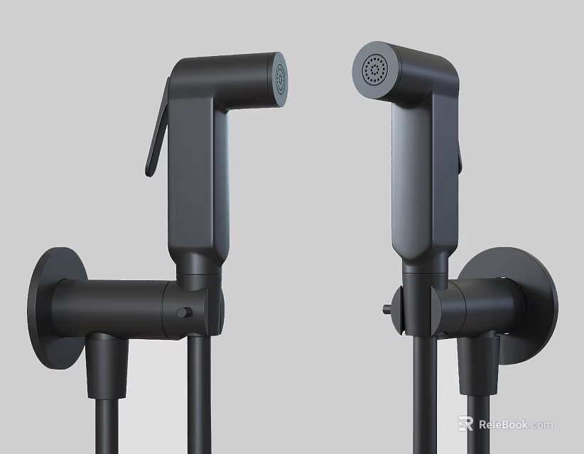 Two Modern Black Wall Mounted Faucets With Handheld Spray And Sleek Design 3d model 