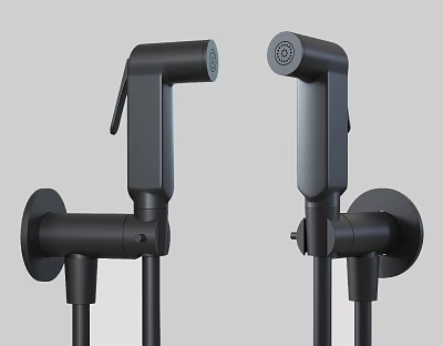Two Modern Black Wall Mounted Faucets With Handheld Spray And Sleek Design 3d model