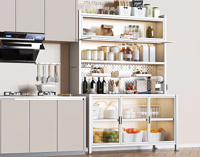 Modern Kitchen Sideboard With Open Shelves Storage Jars And Fresh Fruits 3d model