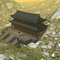 Ancient Chinese Architecture Featuring Traditional Roof Stone Stairs And Rocky Mountain Surroundings