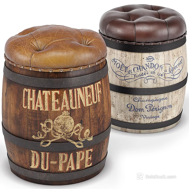 Rustic Wooden Barrel Stools With Leather Cushions And Vintage Engraved Letters 3d model 