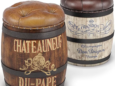 Rustic Wooden Barrel Stools With Leather Cushions And Vintage Engraved Letters 3d model