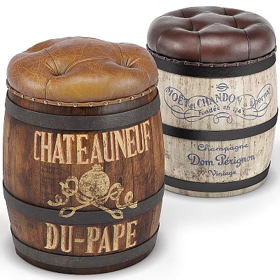 Rustic Wooden Barrel Stools With Leather Cushions And Vintage Engraved Letters 3d model