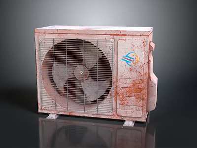 Rusted Air Conditioner Outdoor Unit With Fan And Blue Logo 3d model