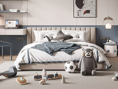 Double Bed in Cozy Bedroom with Pillows Blanket and Children's Toys 3d model