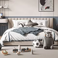 Double Bed in Cozy Bedroom with Pillows Blanket and Children's Toys