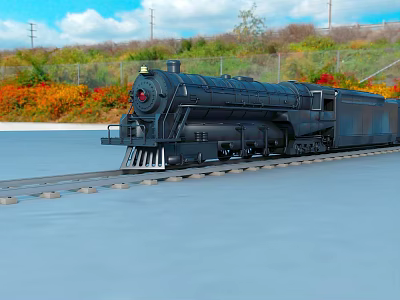 Black Steam Locomotive on Railway Track with Colorful Trees Blue Sky and White Clouds 3d model