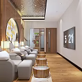 Elegant SPA Sauna Room With Loungers Wooden Buckets And Ginkgo Leaf Decorative Wall