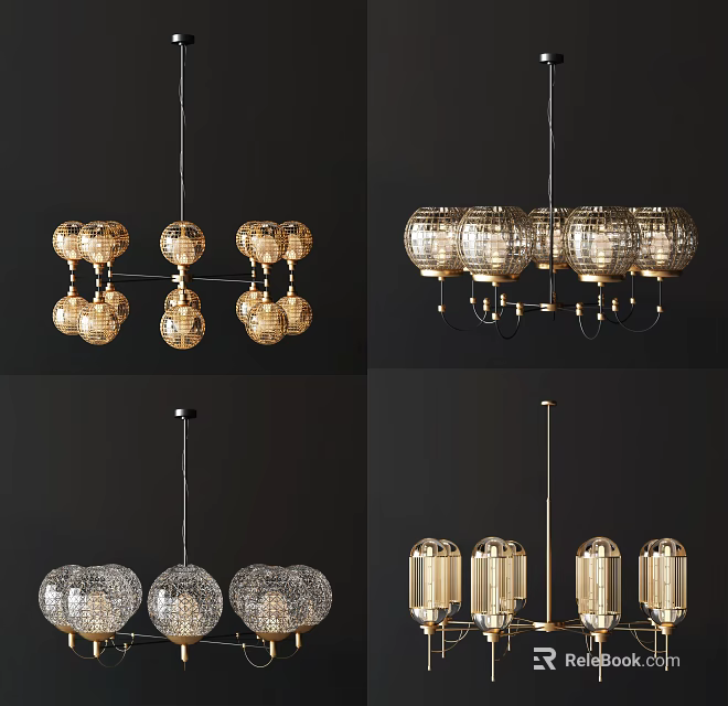Elegant Modern Chandelier Design With Crystal Globe Shades And Gold Hanging Elements 3d model 