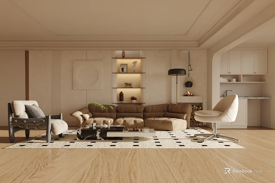Cozy Modern Living Room Interior With Beige Sofa Geometric Rug Wooden Floor And Decorative Shelf 3d model 
