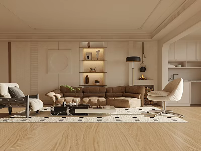Cozy Modern Living Room Interior With Beige Sofa Geometric Rug Wooden Floor And Decorative Shelf 3d model