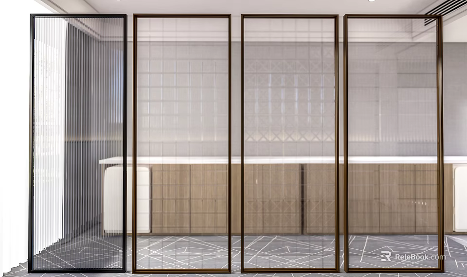 Modern Glass Partition Interior Design With Metal Frame And Wooden Cabinets 3d model 