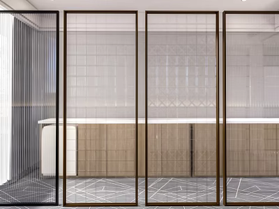 Modern Glass Partition Interior Design With Metal Frame And Wooden Cabinets 3d model