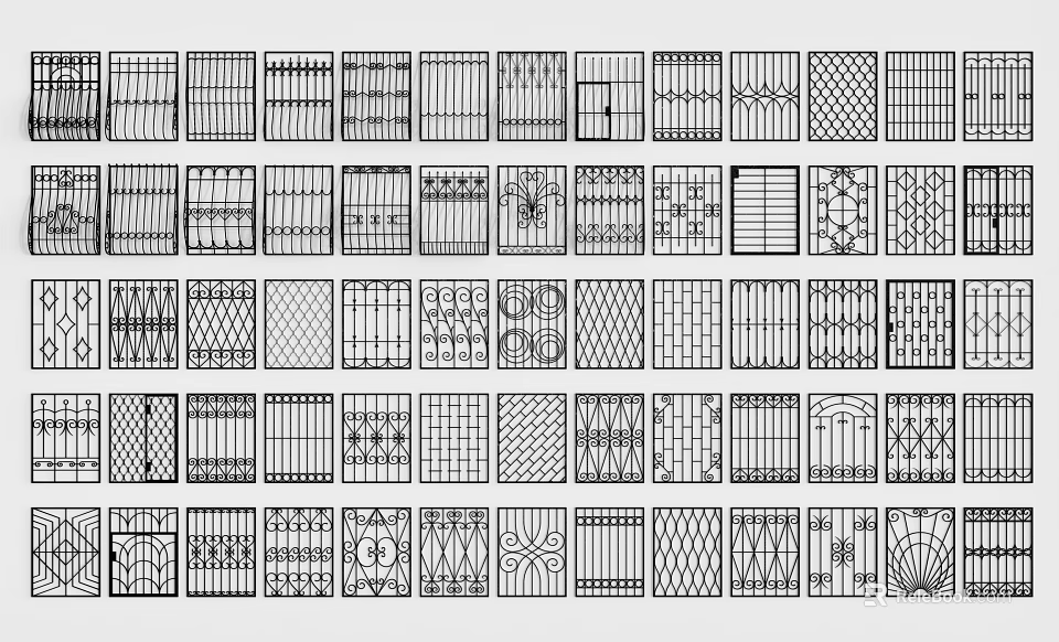Various Decorative Fence Designs Featuring Ornate Patterns And Classic Grid Styles 3d model