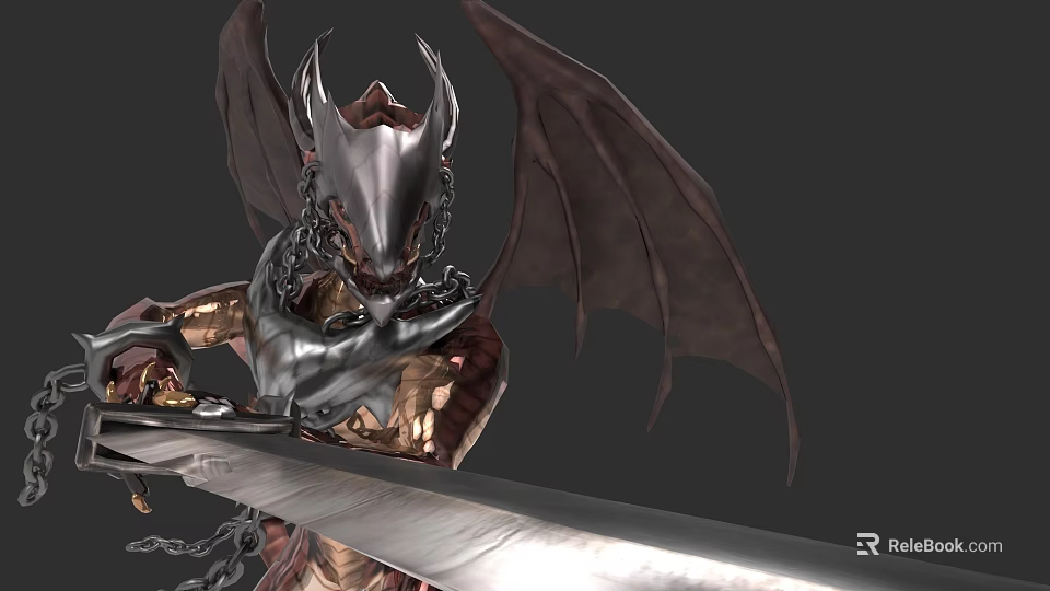 Reptile Creature With Metallic Armor Wings Chains And Giant Sword Design 3d model 