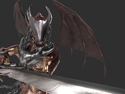 Reptile Creature With Metallic Armor Wings Chains And Giant Sword Design 3d model