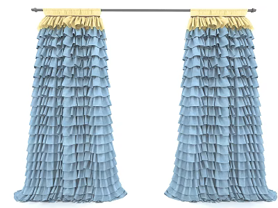 Blue Layered Ruffled Curtains With Yellow Top Valance For Home Window Decor 3d model