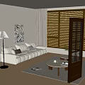 White Three Seater Sofa In Modern Living Room With Floor Lamp Abstract Painting And Curtains