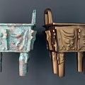 Two Ancient Bronze Ding Vessels With Carved Patterns In Greenish And Golden Hues