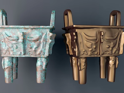 Two Ancient Bronze Ding Vessels With Carved Patterns In Greenish And Golden Hues 3d model
