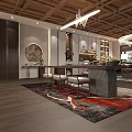 Office Interior Design With Wooden Ceiling Chandelier Bookshelves Large Desk And Rug