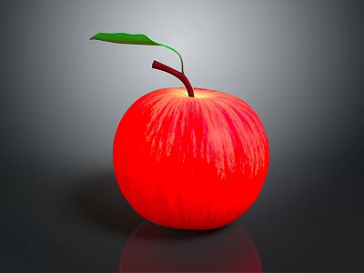 Vibrant Red Apple With Green Leaf And Brown Stem On Black Surface Against Gray Background 3d model