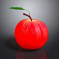 Vibrant Red Apple With Green Leaf And Brown Stem On Black Surface Against Gray Background