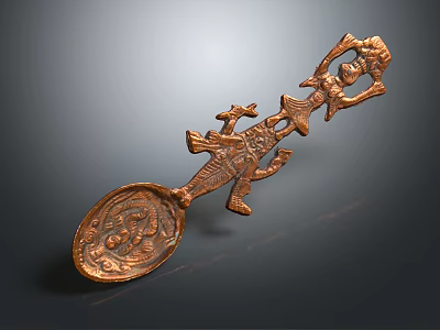 Copper Spoon With Intricate Carved Design And Decorative Figures In Artistic Antique Style 3d model