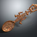 Copper Spoon With Intricate Carved Design And Decorative Figures In Artistic Antique Style