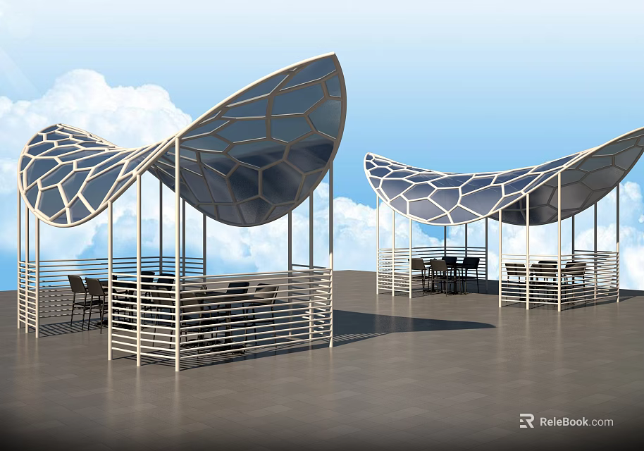 Modern Geometric Pattern Canopies For Outdoor Open Area With Tables And Chairs 3d model 