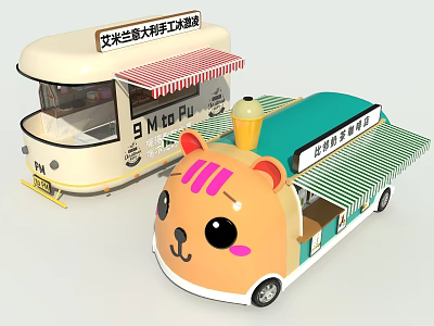 Commercial Food Trucks With Cartoon Animal Design And Striped Awnings For Mobile Business 3d model