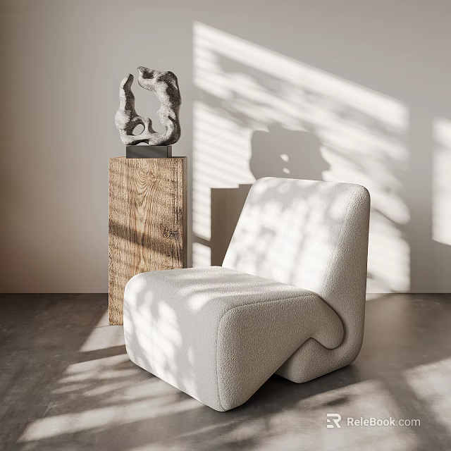 Single Sofa in Soft Fabric with Sunlight Shadows and Wooden Pedestal 3d model 