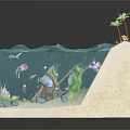 Cartoon Underwater Beach Scene with Transparent Water Jellyfish Fish Underwater Plants Palm Trees and Cabin