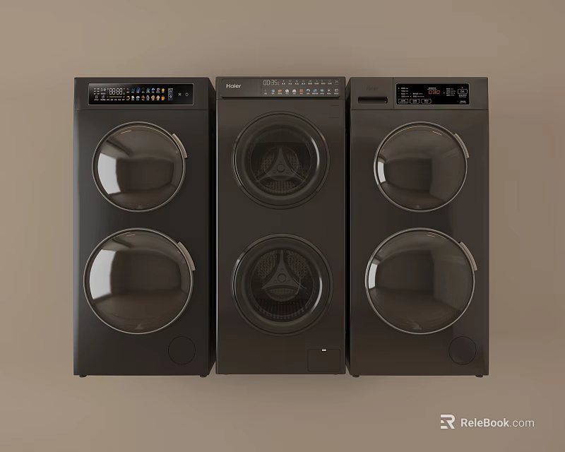 Three Black Front Load Washing Machines Side By Side With Control Panels 3d model 