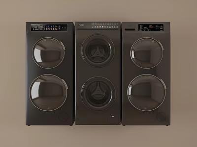 Three Black Front Load Washing Machines Side By Side With Control Panels 3d model