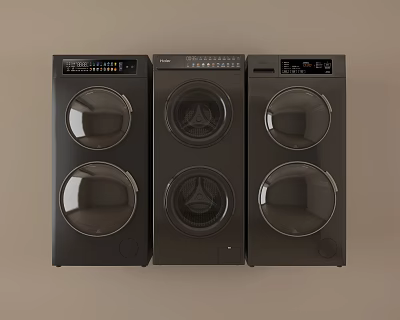 Three Black Front Load Washing Machines Side By Side With Control Panels 3d model